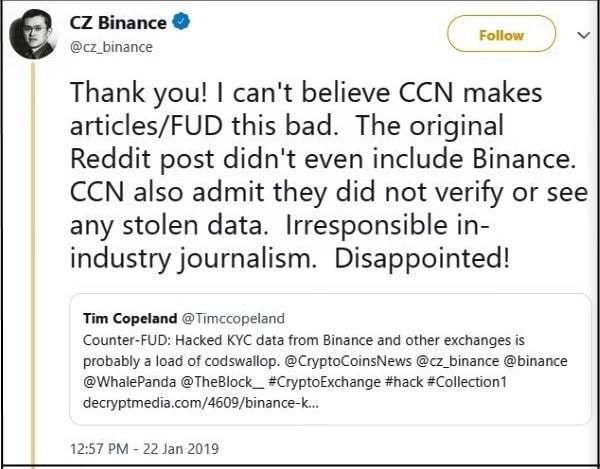 CZ binance slams CCN.com twitter