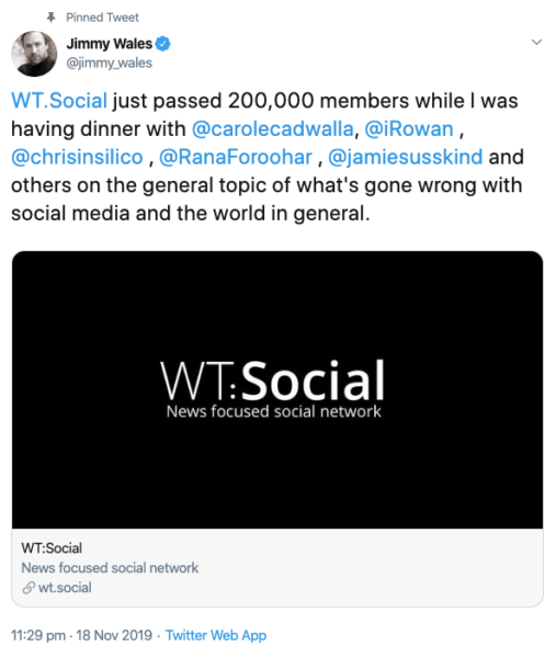 Jimmy Wales tweets about WT.Social