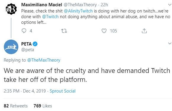 Alinity dog clip twitch ban PETA