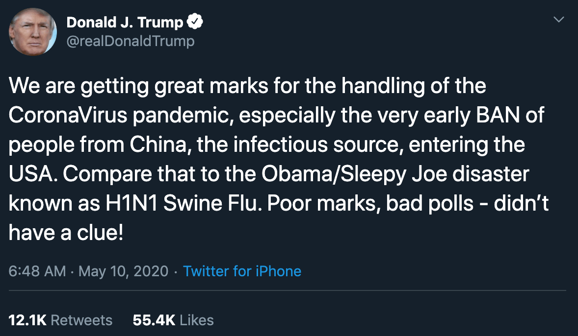 trump mother's day tweet coronavirus pandemic response obama h1n1 comparison