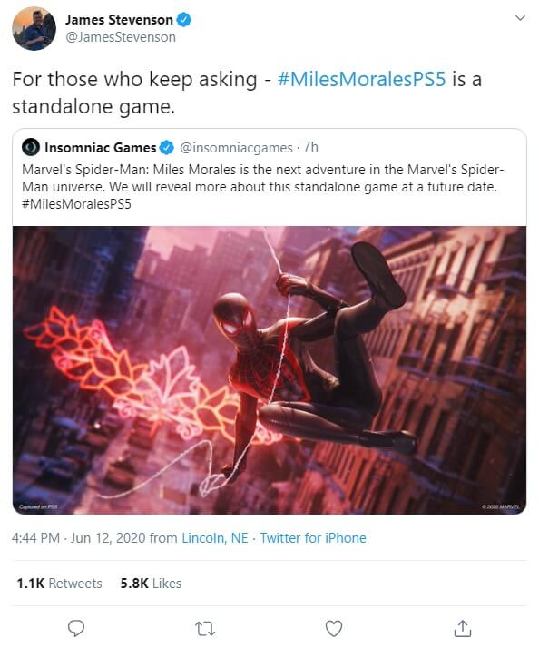 Insomniac Games Miles Morales tweet