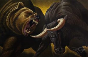 a painting of two bulls fighting each other
