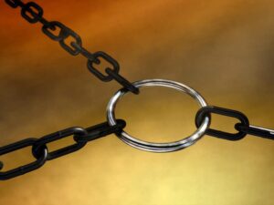 a close up of a chain with a ring on it