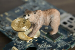 a toy bear holding a bit coin on top of a circuit board