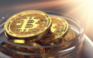a glass bowl filled with gold bitcoins