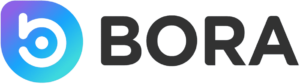 the bora logo is shown in black and blue
