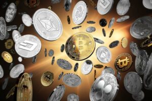 a bitcoin surrounded by many different types of coins