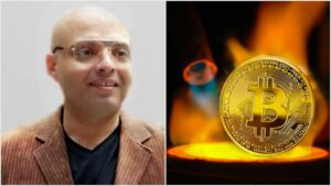 a man with glasses and a bit coin