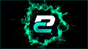 a green and black logo on a black background