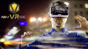 a man in a blue shirt wearing a virtual headset