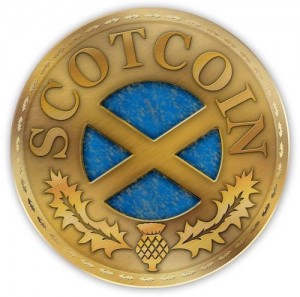 a gold coin with a blue and gold design