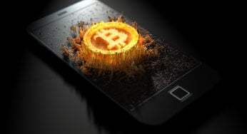 A bitcoin logo rising out of a mobile phone