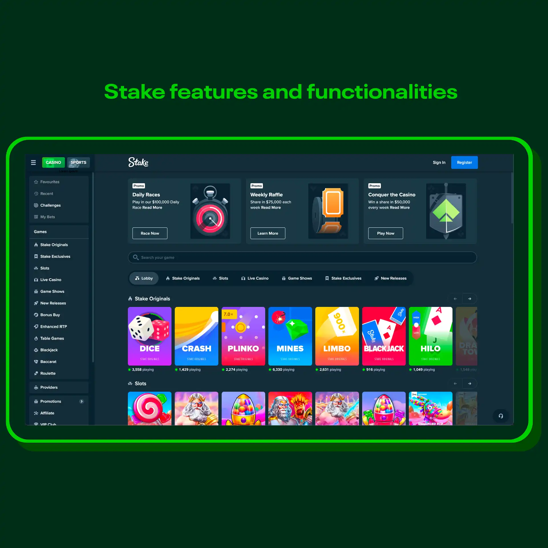 Stake Casino review features and functionalities