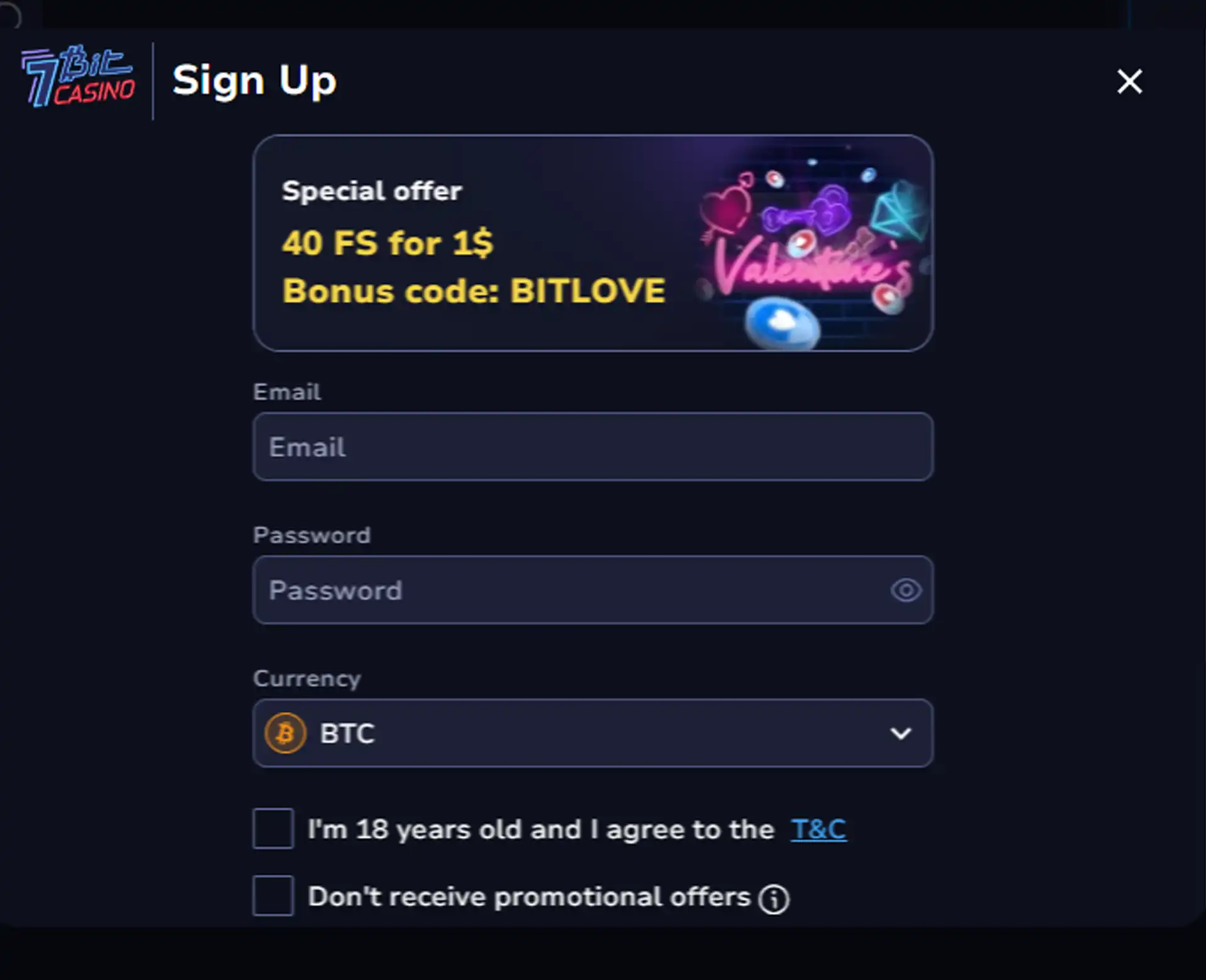 CCN.com screenshot of 7Bit casino sign up form