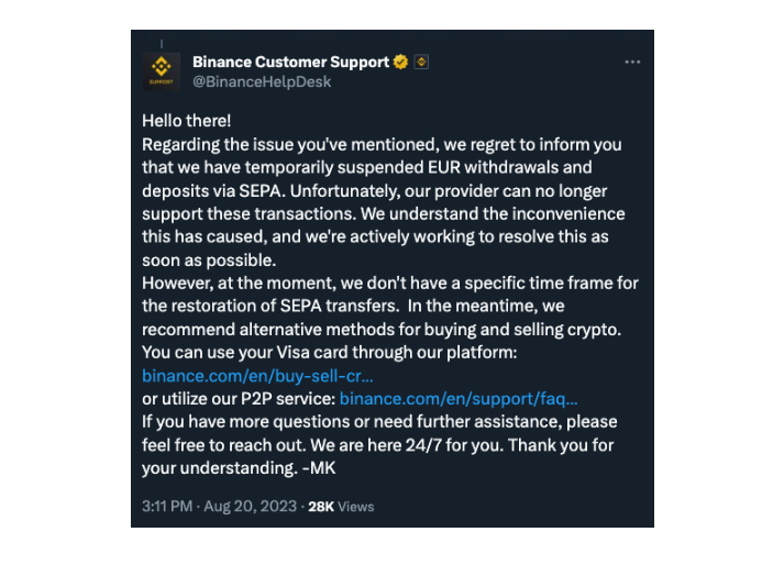 Binance responds to a user who claims can't withdraw Euros from the platform