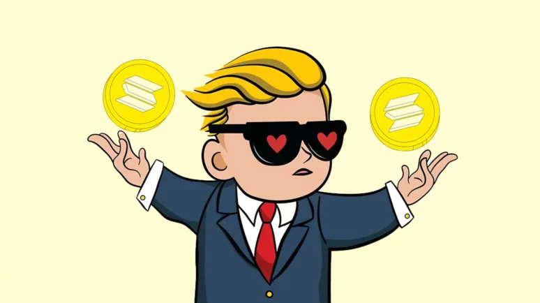 WallStreetBets man with hearts on his sunglasses holding Solana coins.