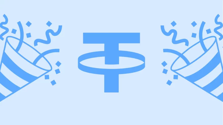 Tether (USDT) logo with celebrations around it