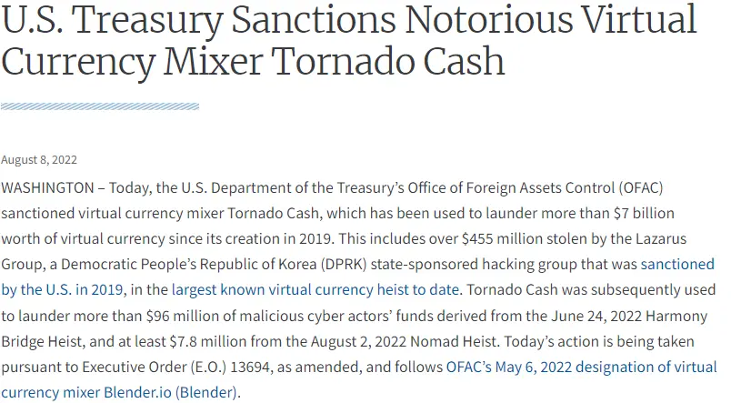 US Treasury sanctions Tornado Cash