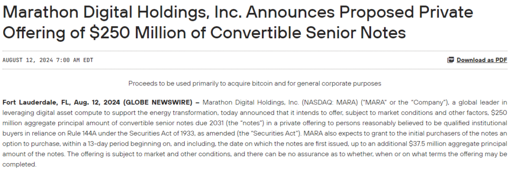 Marathon Digital Holdings announced a $250 million convertible notes offering