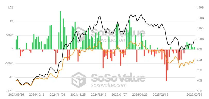 Bitcoin ETF daily inflows/outflows.