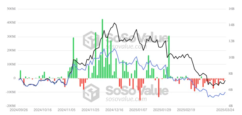 Ethereum ETF daily inflows/outflows.