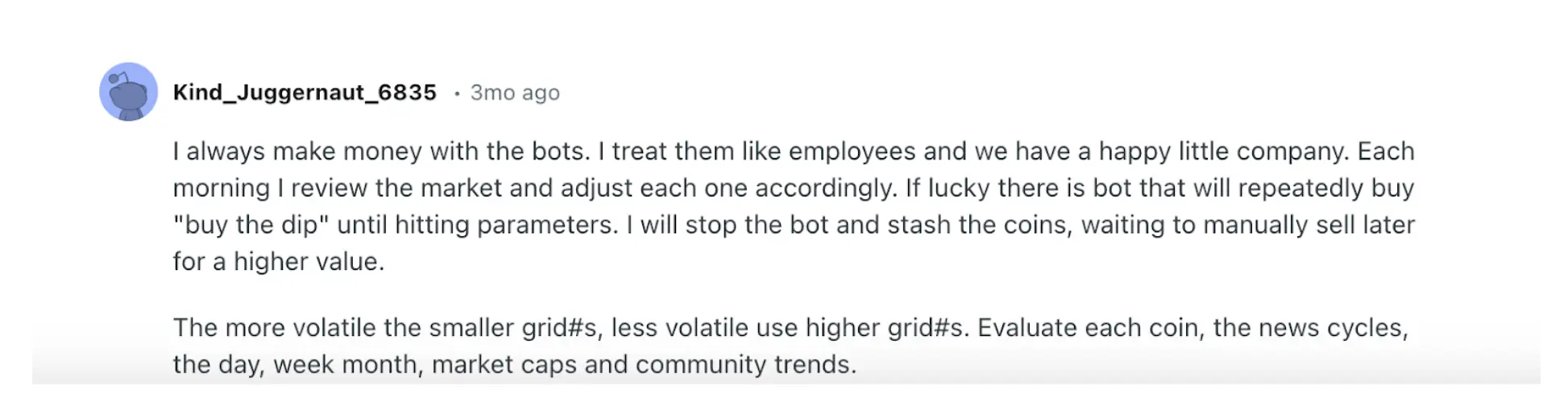 Positive statement about AI trading bots | Source: Reddit