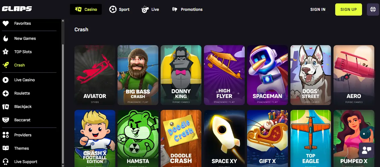 CCN.com screenshot of claps crash games section