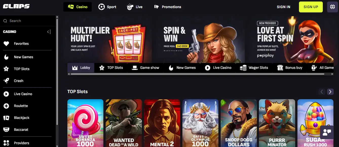 CCN.com screenshot of claps casino homepage