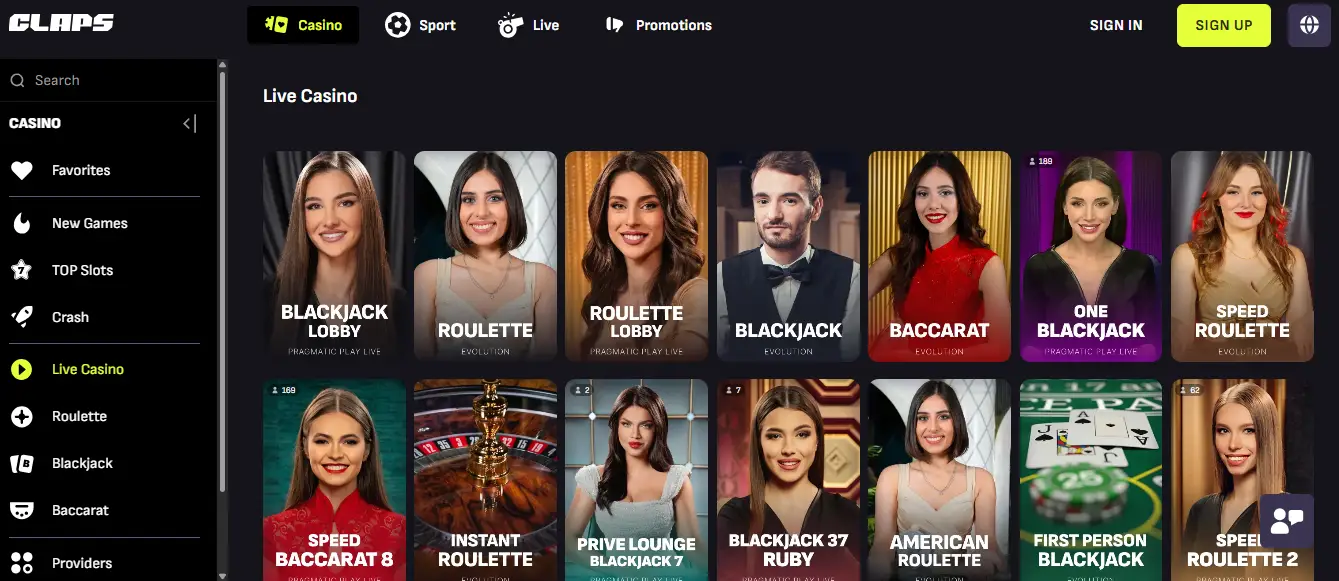 CCN.com screenshot of claps casino live games section