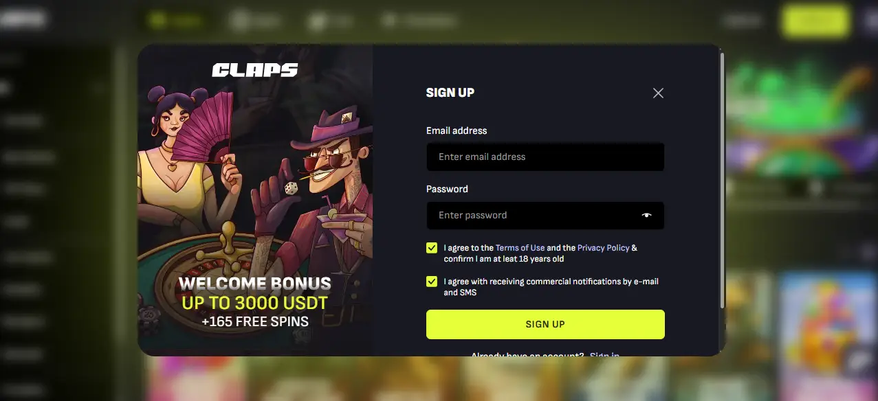 CCN.com screenshot of claps casino registration form