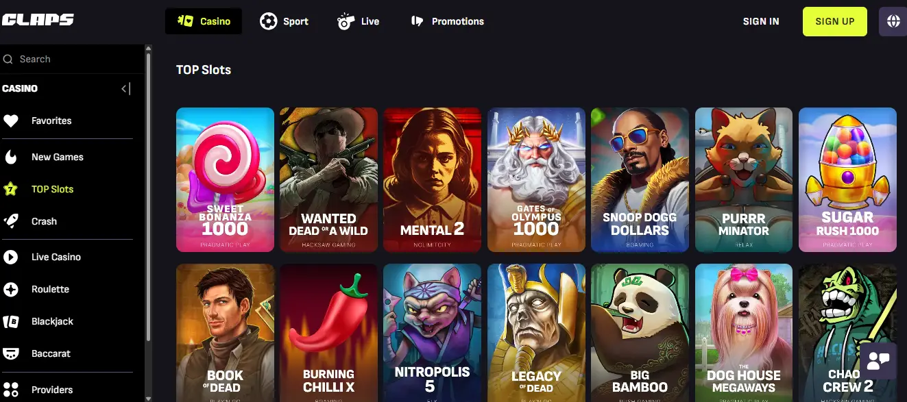 CCN.com screenshot of claps casino slot section