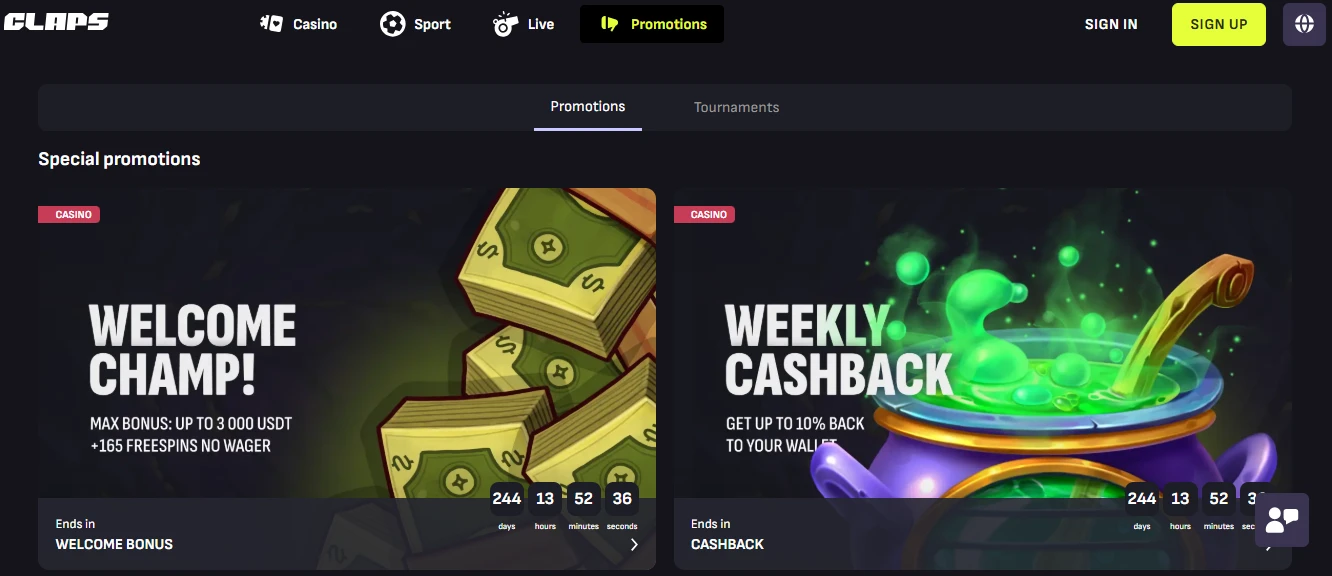 CCN.com screenshot of claps casino welcome bonus