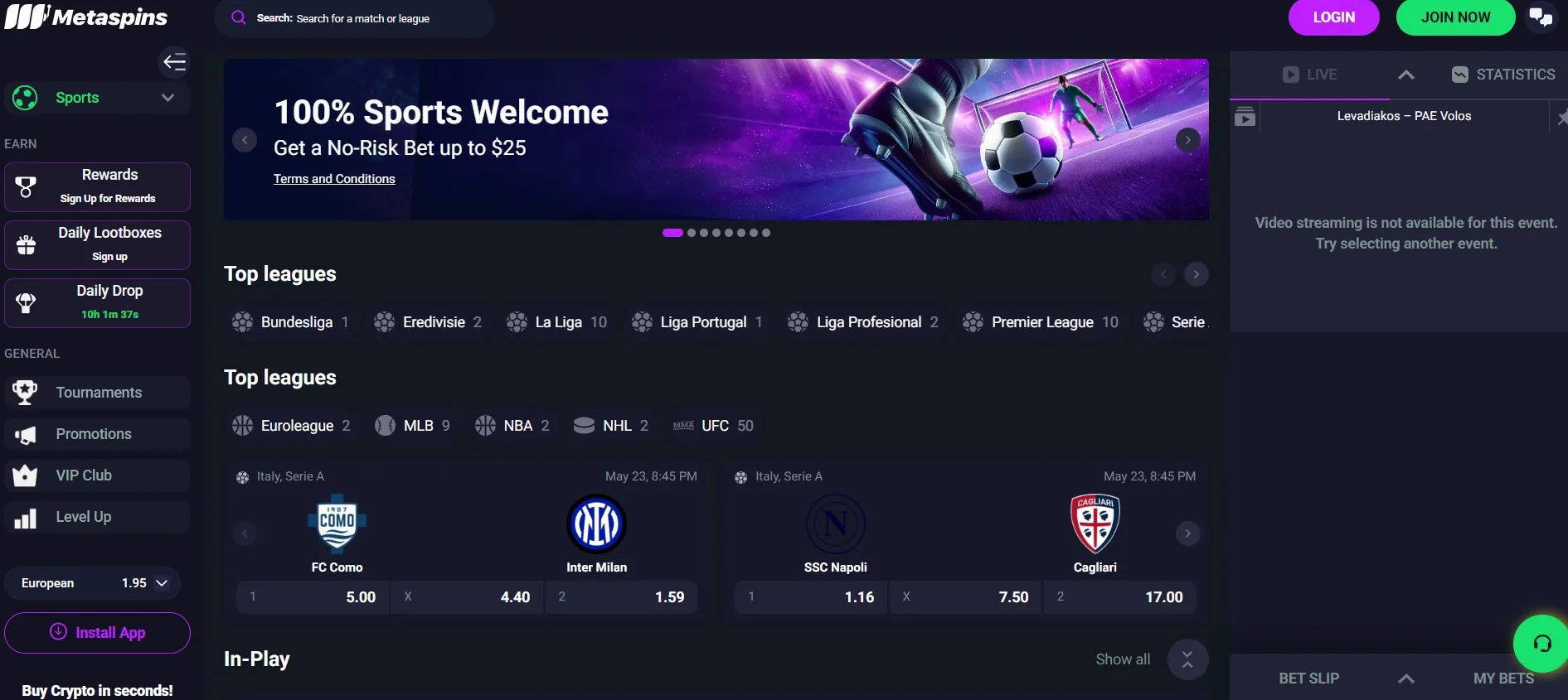 CCN.com screenshot of metaspins sports betting