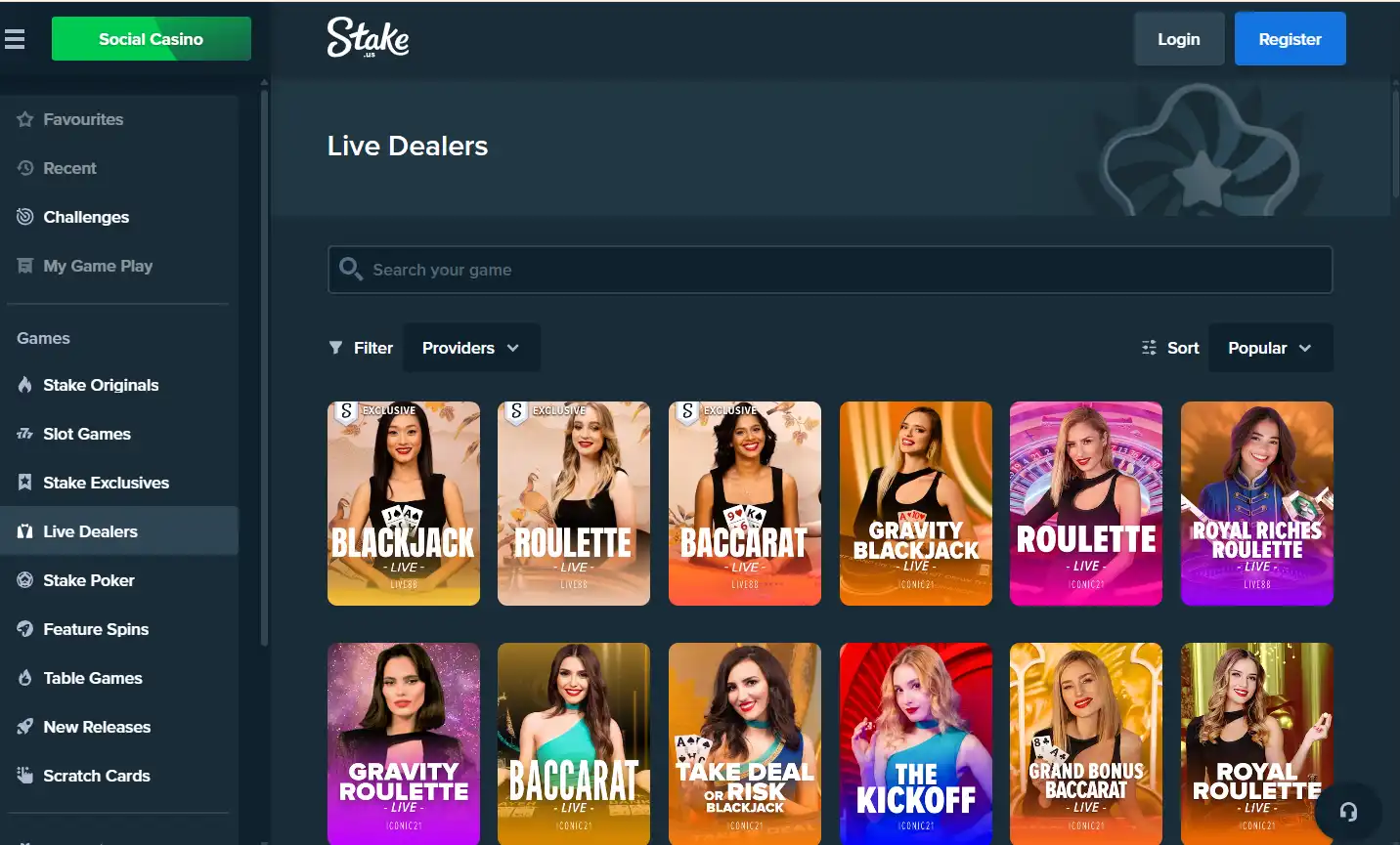 Interface des croupiers en direct sur Stake casino