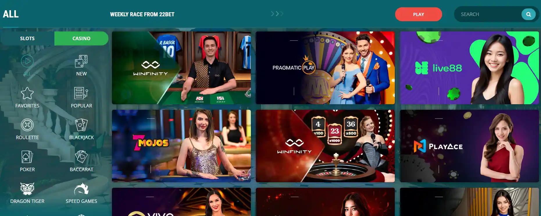CCN.com screenshot of 22bet live games