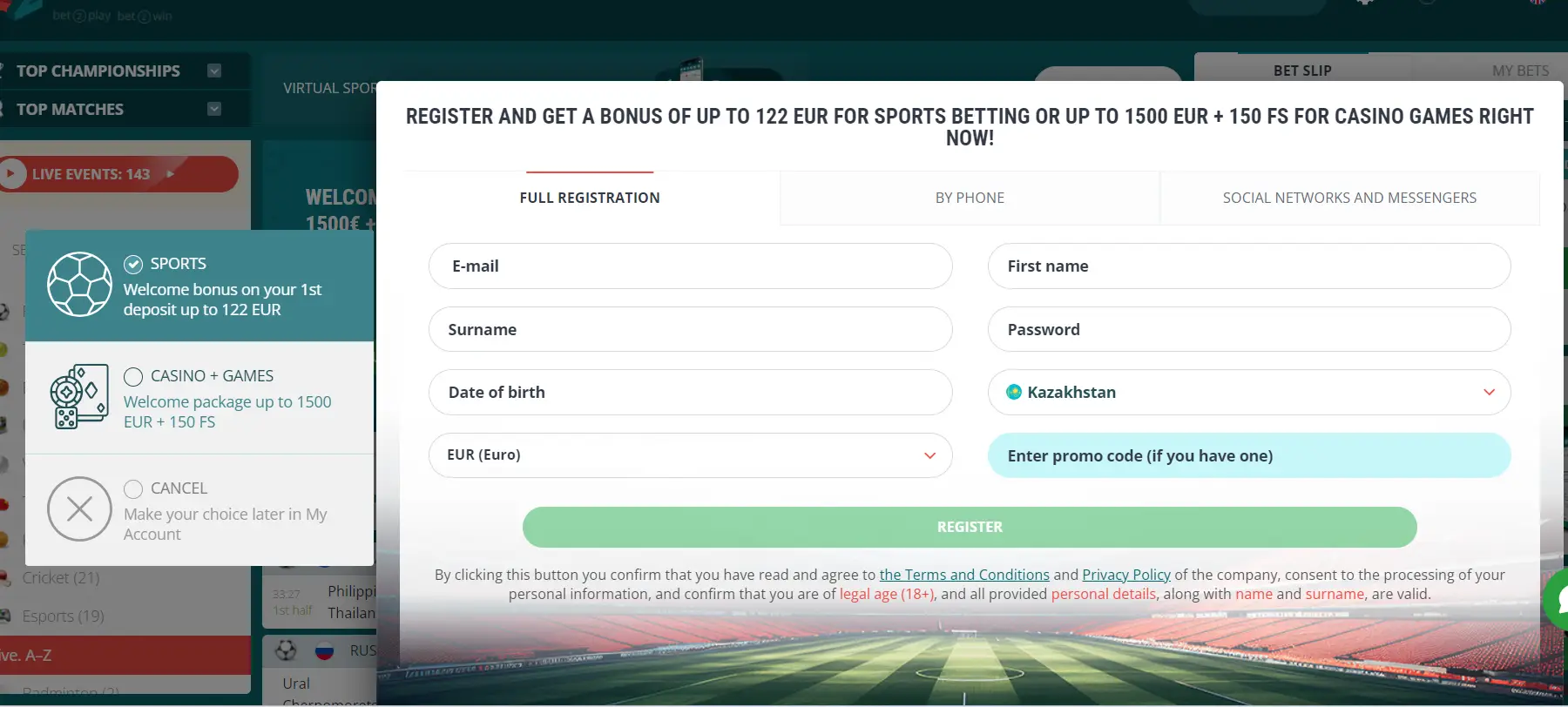 CCN.com screenshot of 22bet registration form