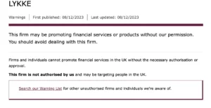 Lykke warning | Source: FCA