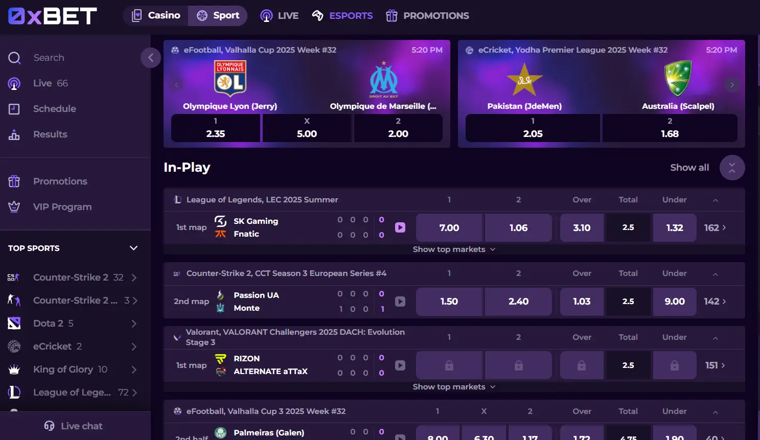 CCN.com screenshot of 0xbet esports section
