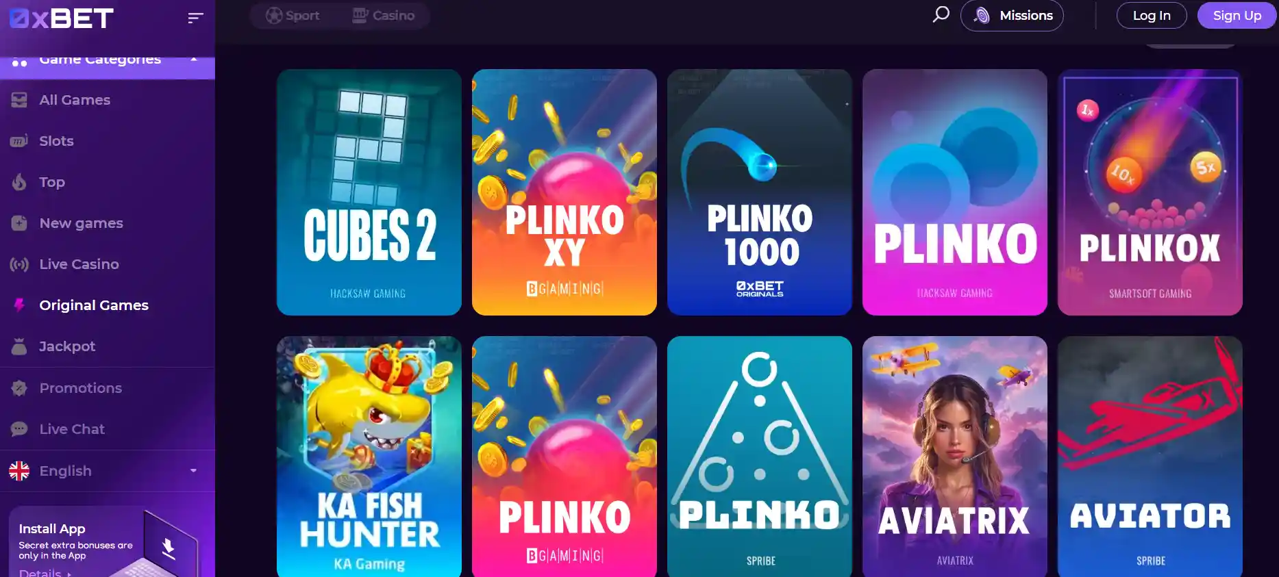 CCN.com screenshot of 0xBet original titles