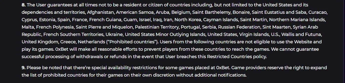 CCN.com screenshot of 0xBet restricted countries