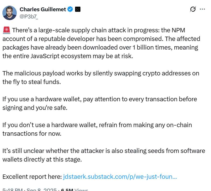 Charles Guillemet on npm supply chain attack