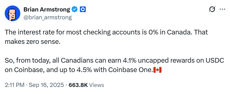 Canadians can earn 4.1% uncapped rewards on USDC on Coinbase
