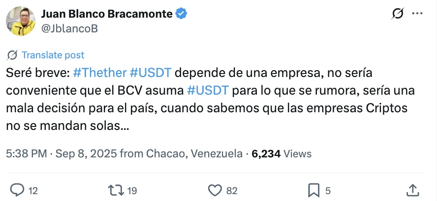 Post on USDT in Venezuela | Source: X 