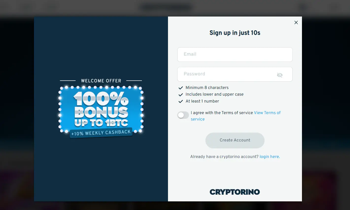 CCN.com screenshot of cryptorino casino sign up form