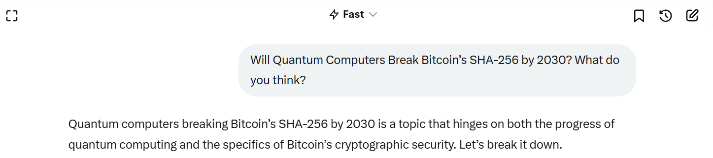 Bitcoin vs. Quantum Computing Question to Grok. | Source: Grok