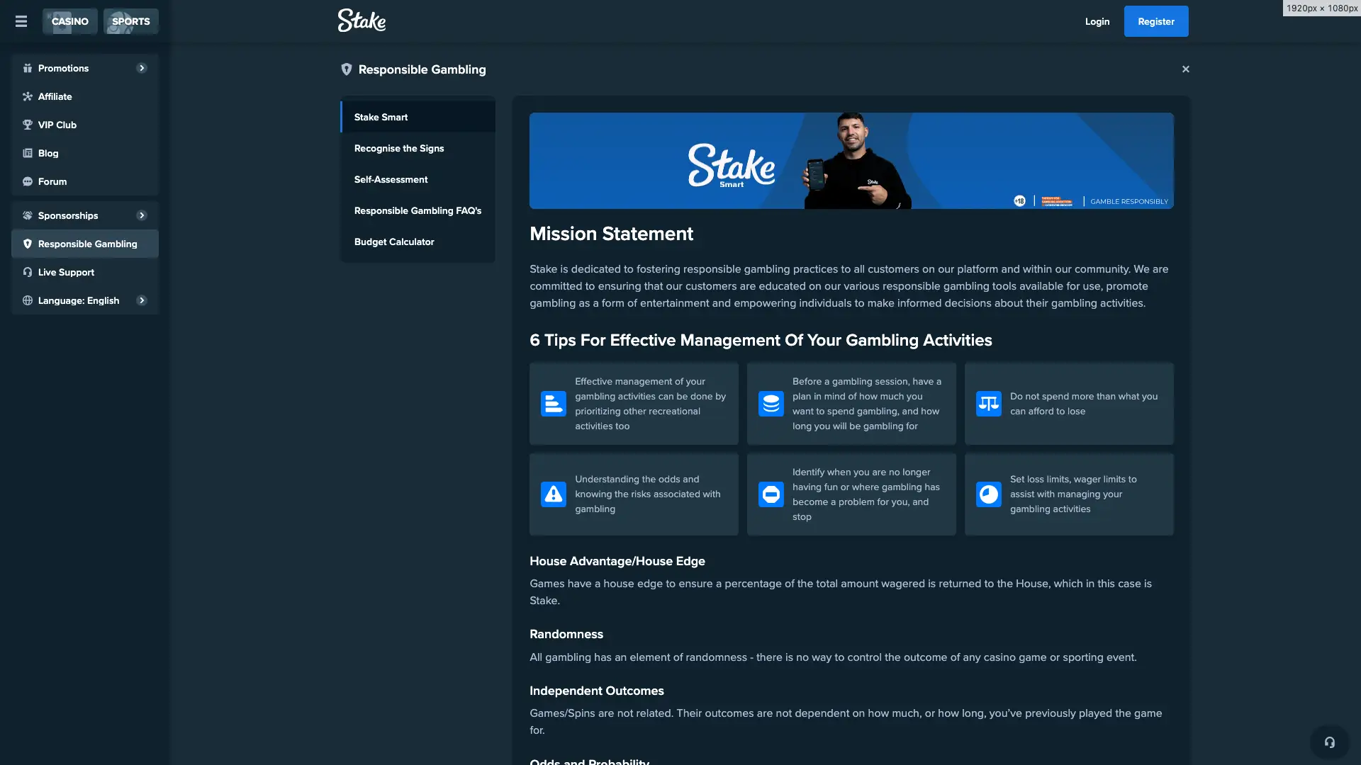 CCN.com screenshot of stake casino responsible gambling tools