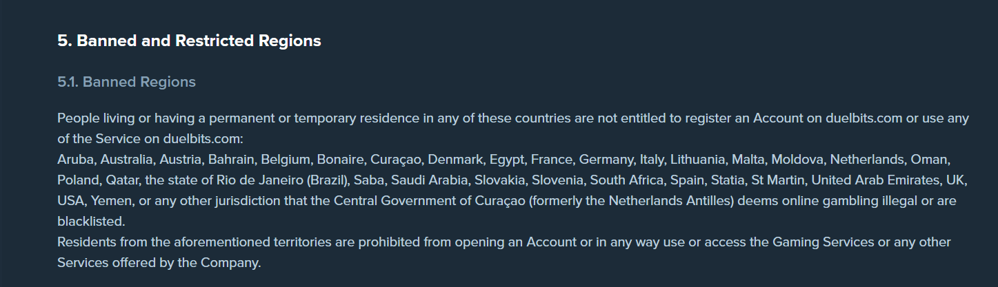CCN.com screenshot of Duelbits restricted countries