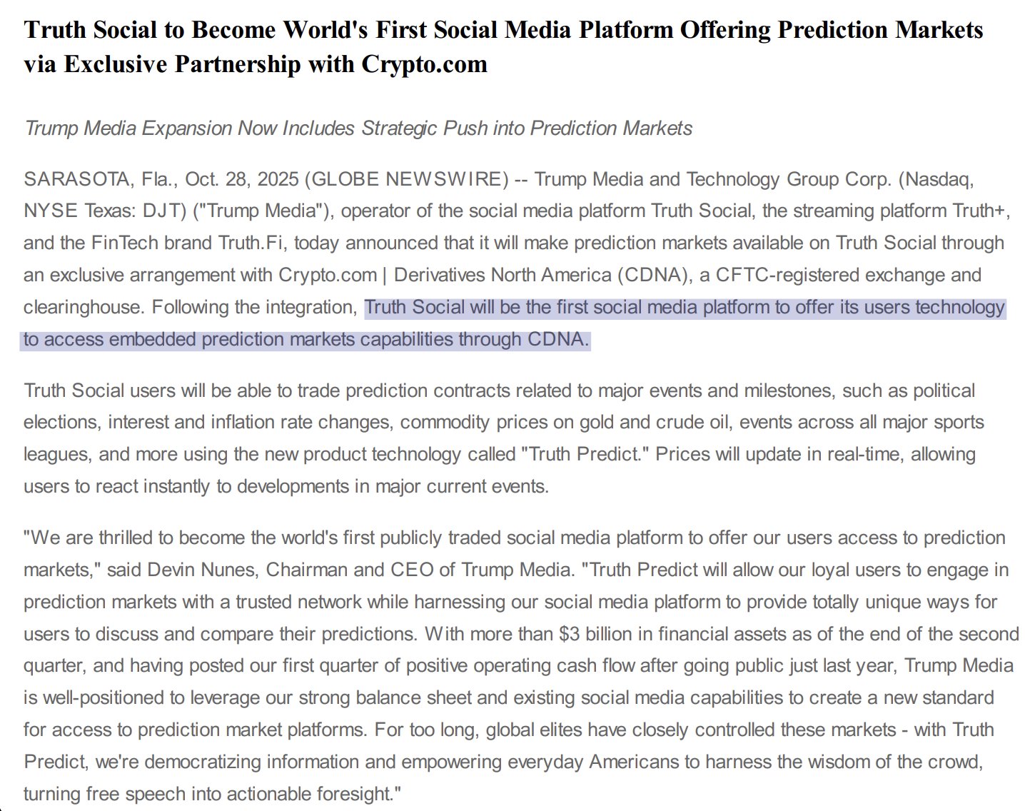 Trump Media launches Truth Predict