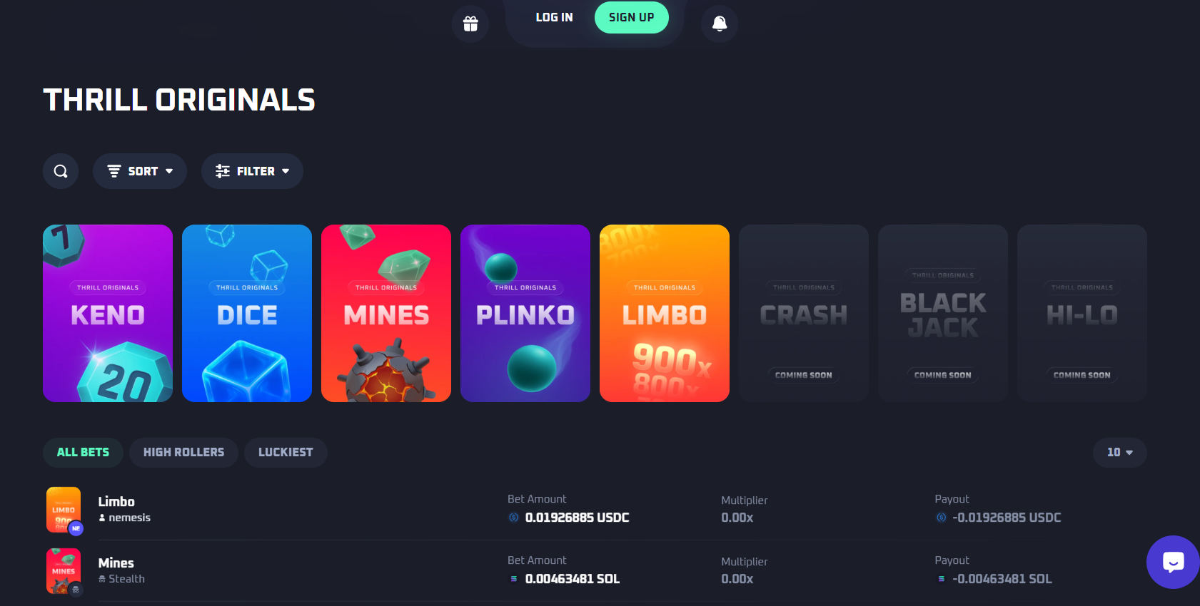 CCN.com screenshot of Thrill casino orignal games