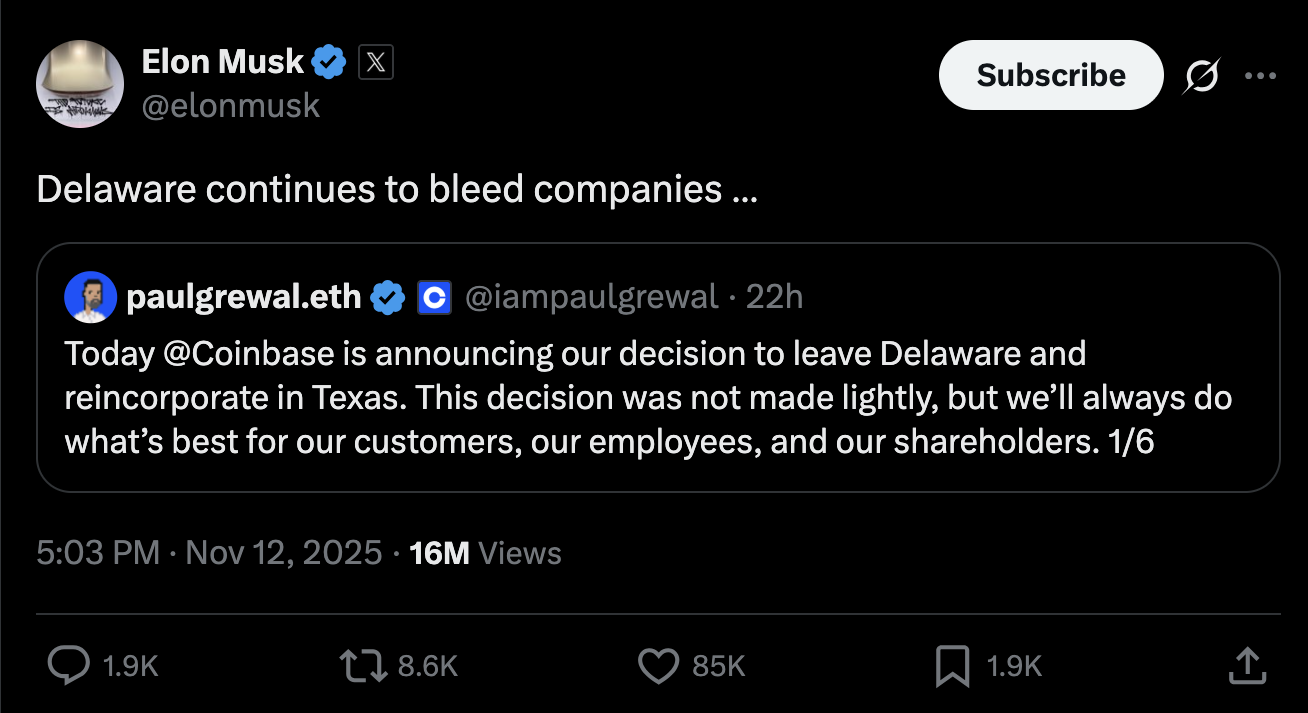 Elon Musk moved SpaceX and Tesla from Delaware in 2024. | Source: X